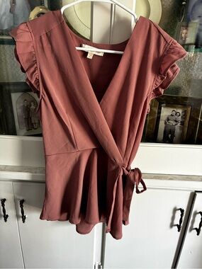 Rust Wrap Front Ruffle Sleeve Blouse - Women